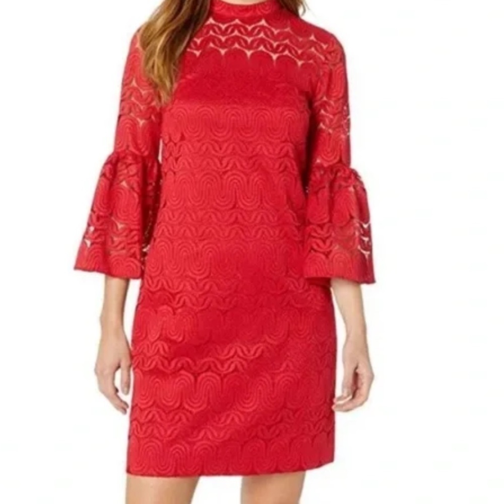 Trina Turk Ruby Rose Lace Overlay Bell-Sleeve Shift Dres, Size 6